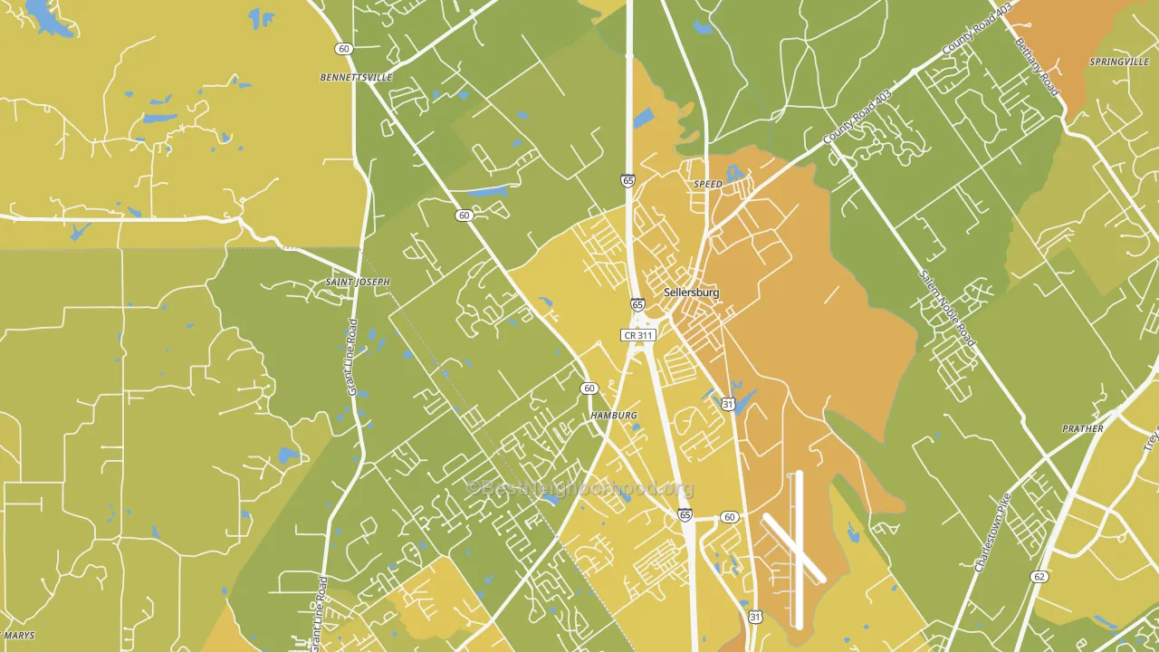 Map of the best neighborhoods in the 47172 area, with better matches in green and worse matches in red