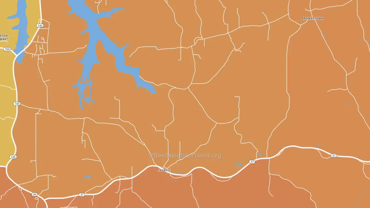 Map of the best neighborhoods in the 47175 area, with better matches in green and worse matches in red