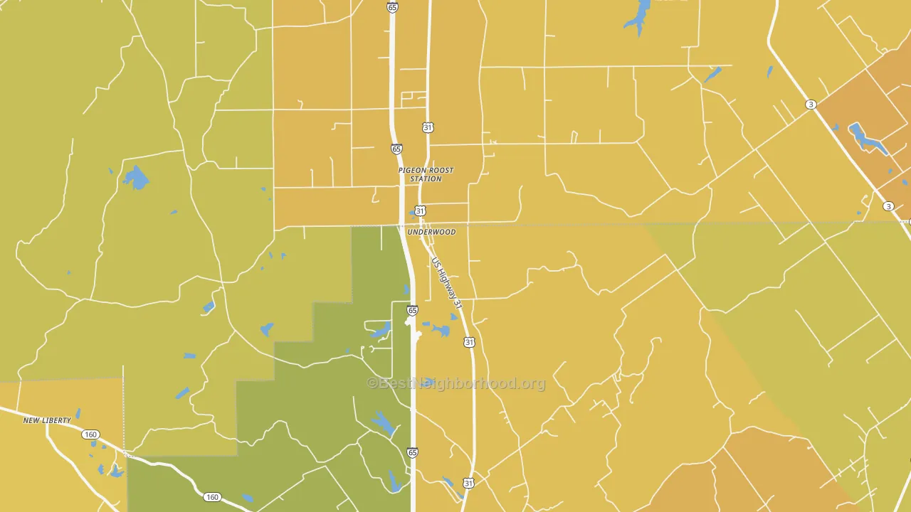 Map of the best neighborhoods in the 47177 area, with better matches in green and worse matches in red