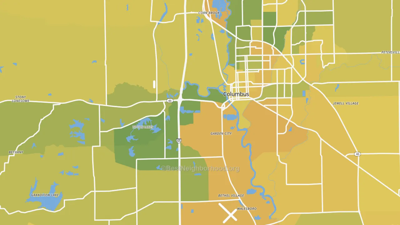 Map of the best neighborhoods in the 47201 area, with better matches in green and worse matches in red
