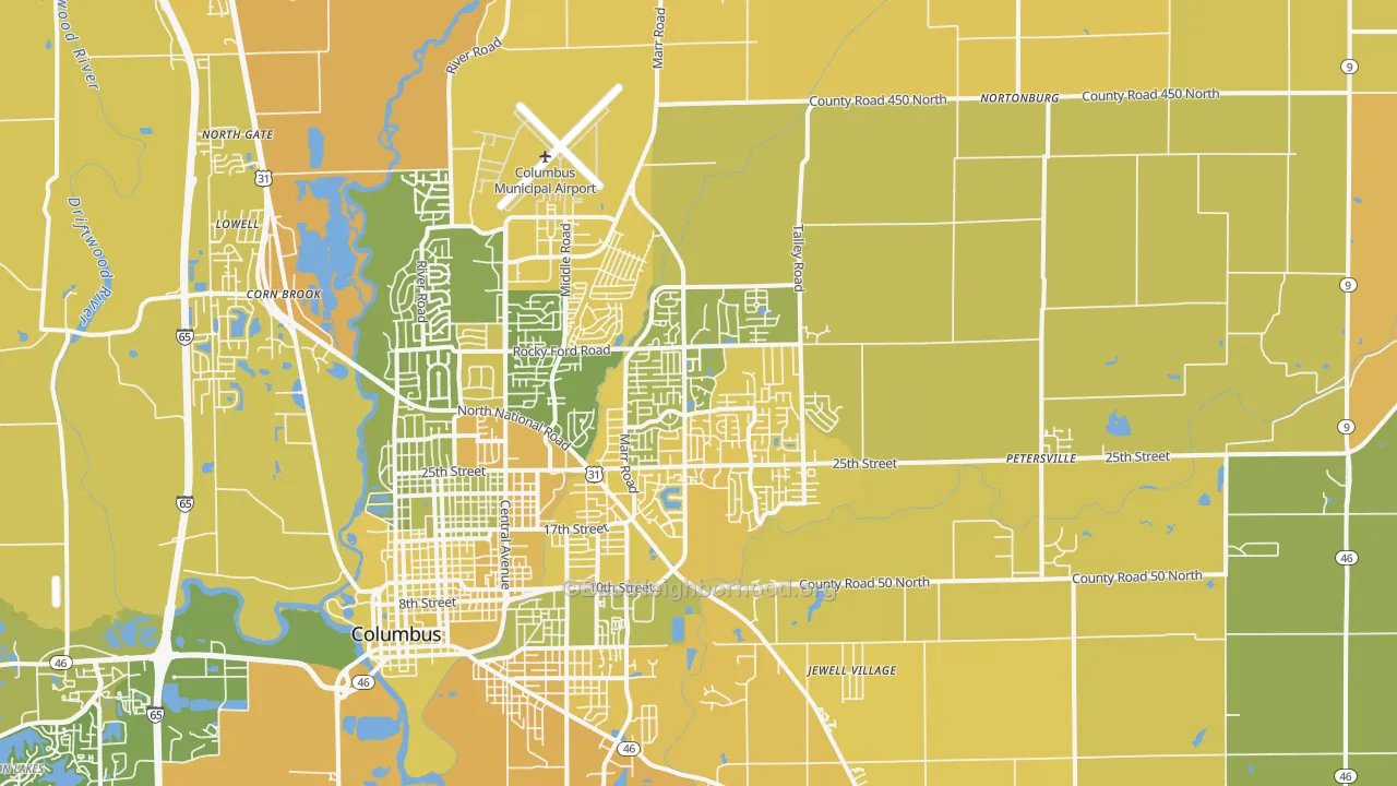 Map of the best neighborhoods in the 47203 area, with better matches in green and worse matches in red