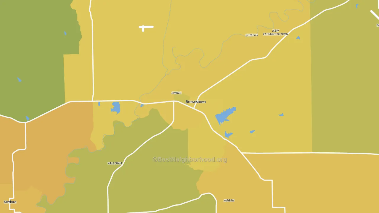 Map of the best neighborhoods in the 47220 area, with better matches in green and worse matches in red