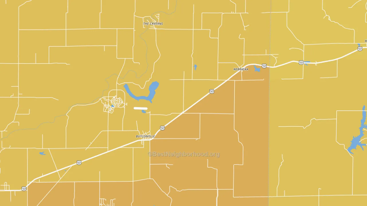 Map of the best neighborhoods in the 47223 area, with better matches in green and worse matches in red