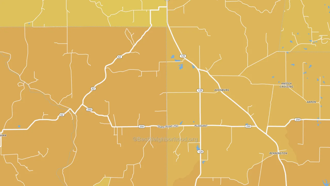 Map of the best neighborhoods in the 47224 area, with better matches in green and worse matches in red