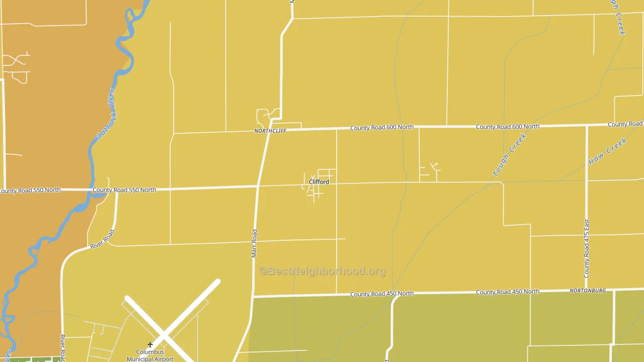 Map of the best neighborhoods in the 47226 area, with better matches in green and worse matches in red