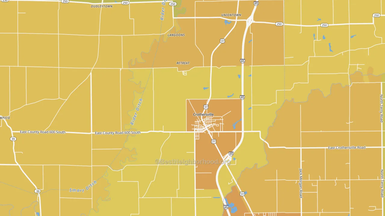 Map of the best neighborhoods in the 47229 area, with better matches in green and worse matches in red