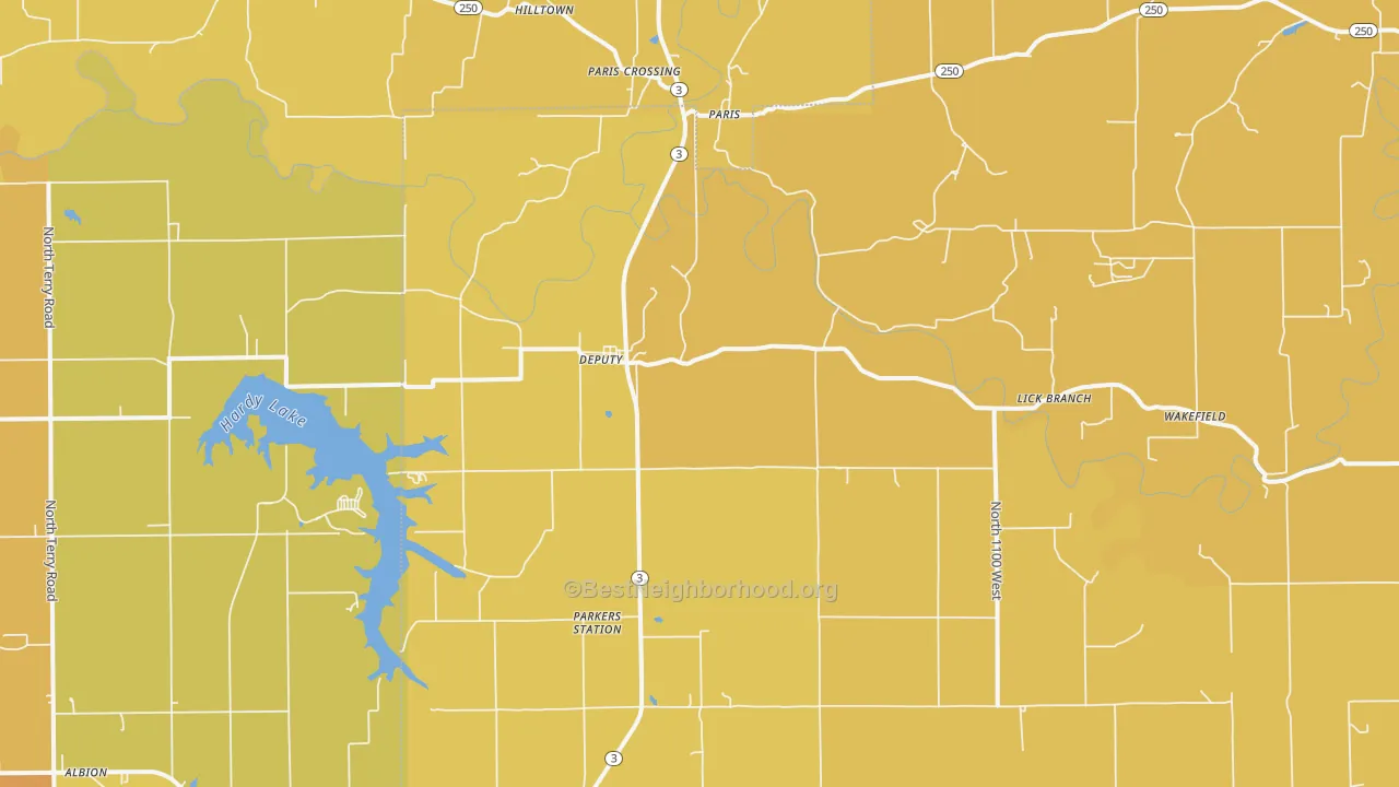 Map of the best neighborhoods in the 47230 area, with better matches in green and worse matches in red