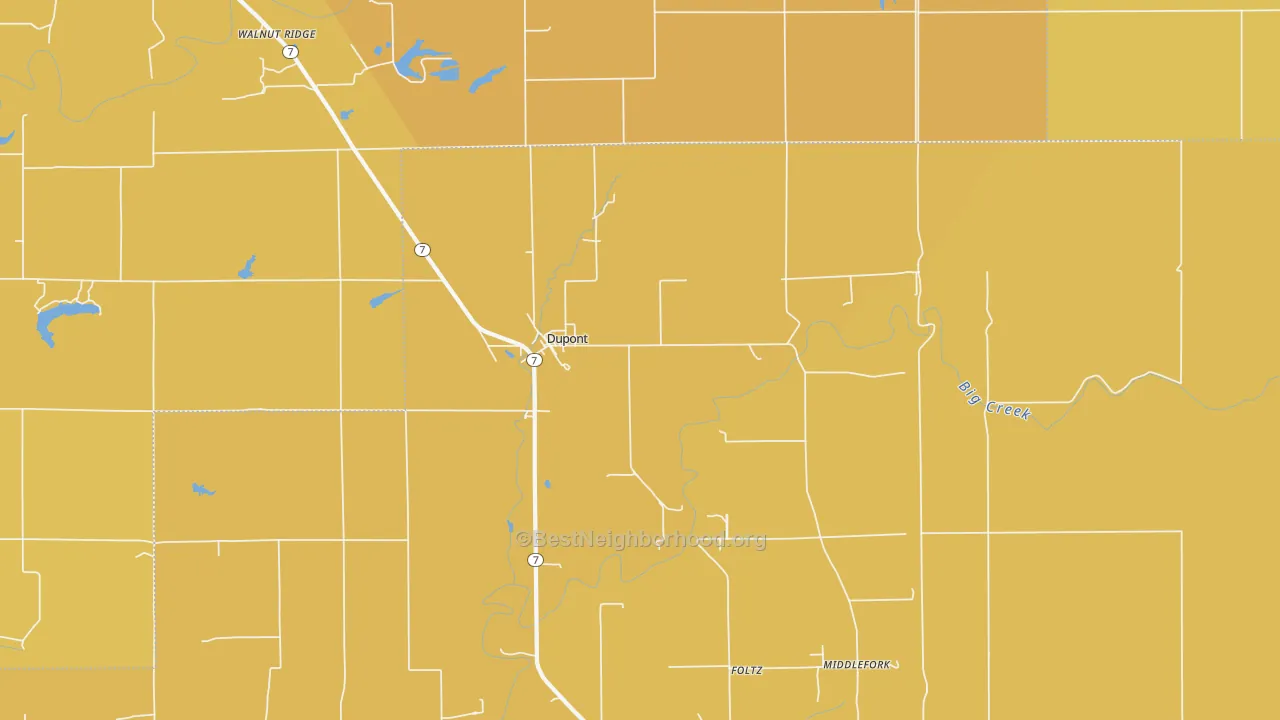 Map of the best neighborhoods in the 47231 area, with better matches in green and worse matches in red