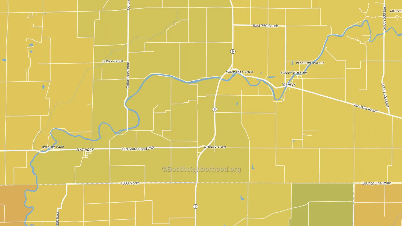 Map of the best neighborhoods in the 47234 area, with better matches in green and worse matches in red