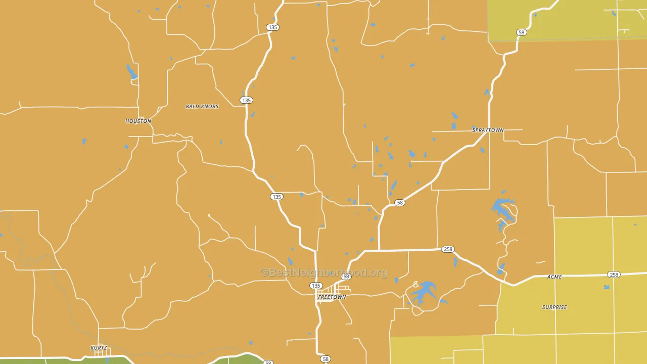 Map of the best neighborhoods in the 47235 area, with better matches in green and worse matches in red