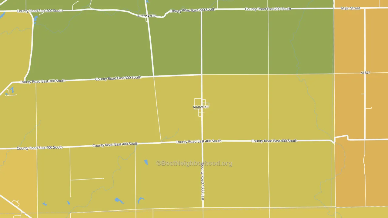 Map of the best neighborhoods in the 47236 area, with better matches in green and worse matches in red