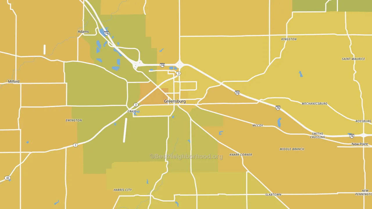 Map of the best neighborhoods in the 47240 area, with better matches in green and worse matches in red