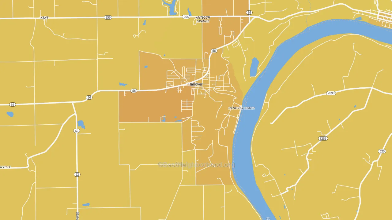 Map of the best neighborhoods in the 47243 area, with better matches in green and worse matches in red