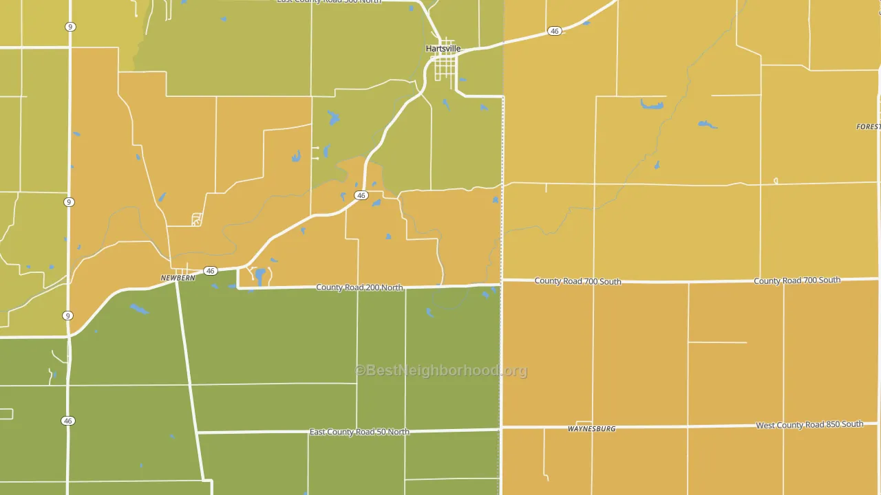 Map of the best neighborhoods in the 47244 area, with better matches in green and worse matches in red