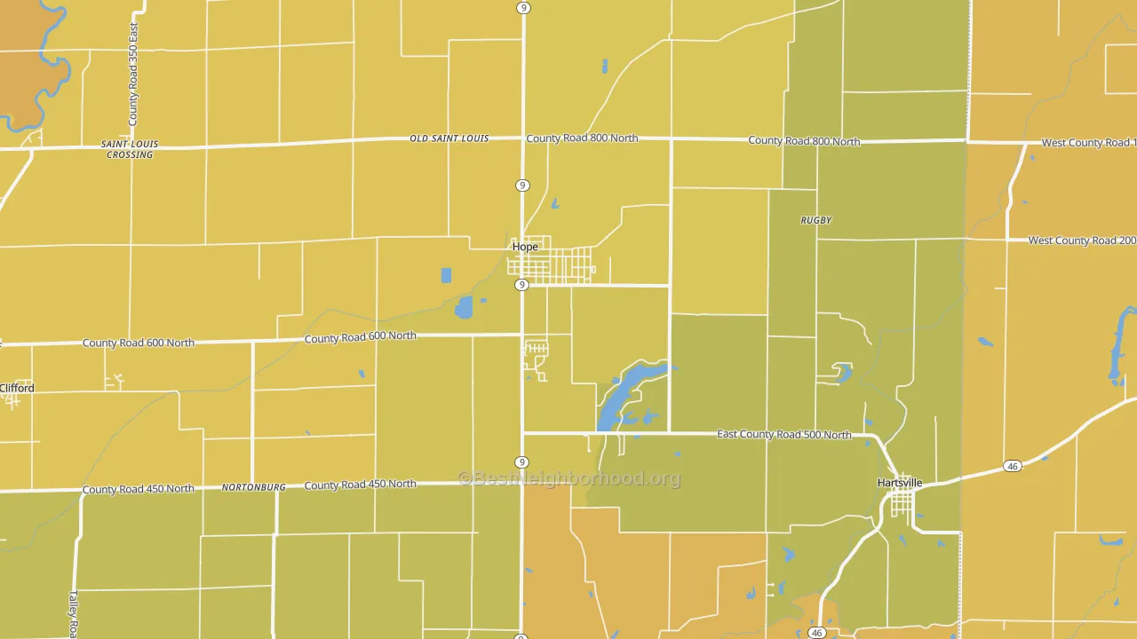 Map of the best neighborhoods in the 47246 area, with better matches in green and worse matches in red