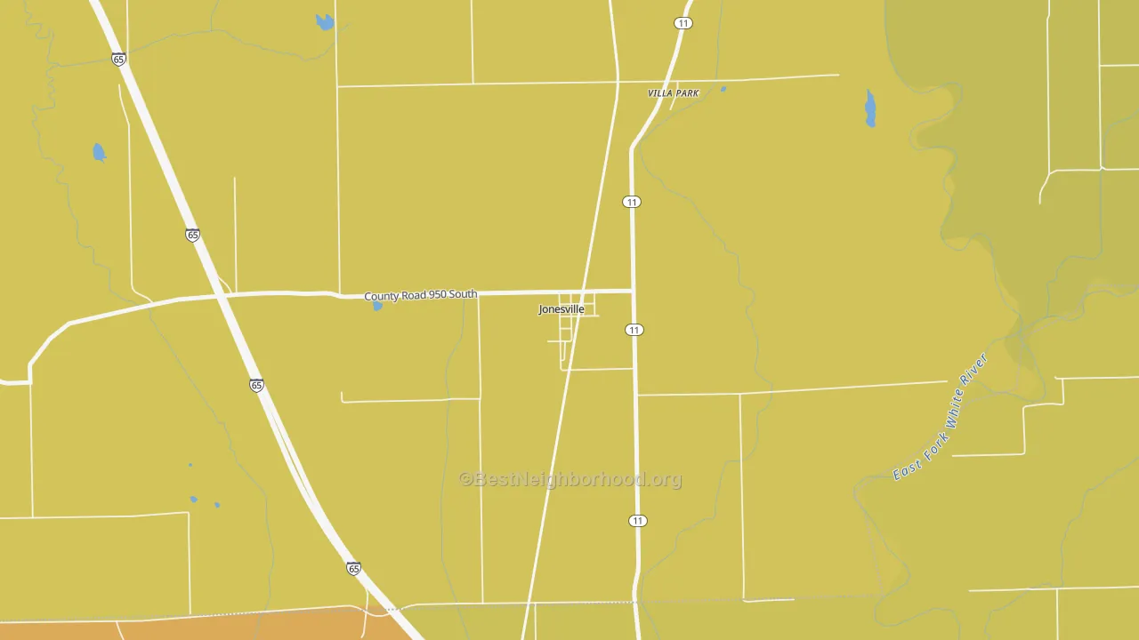 Map of the best neighborhoods in the 47247 area, with better matches in green and worse matches in red