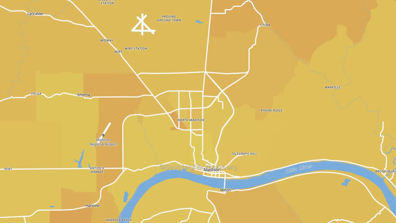 Map of the best neighborhoods in the 47250 area, with better matches in green and worse matches in red