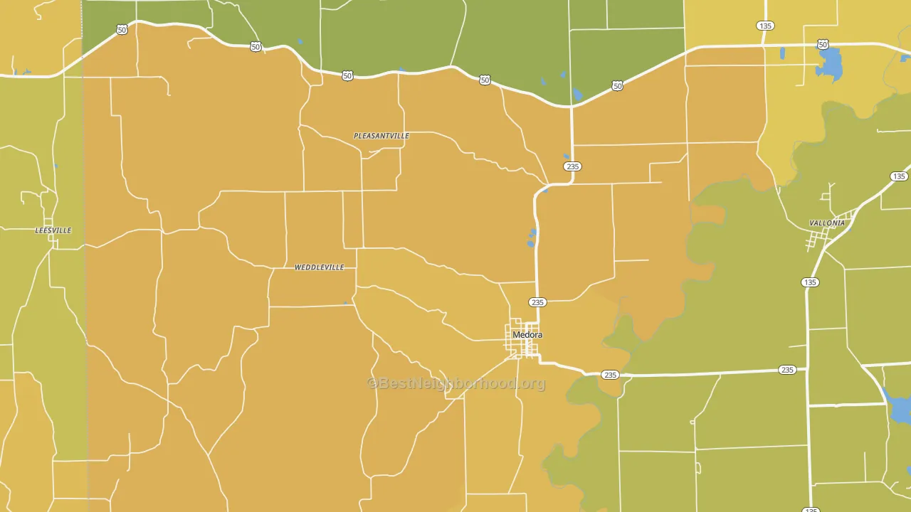 Map of the best neighborhoods in the 47260 area, with better matches in green and worse matches in red