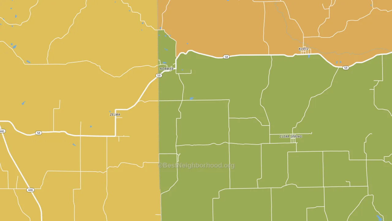 Map of the best neighborhoods in the 47264 area, with better matches in green and worse matches in red