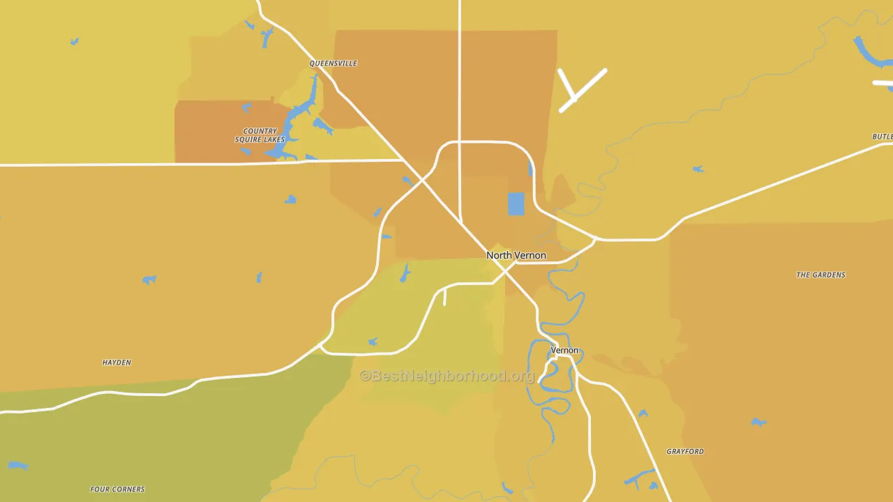 Map of the best neighborhoods in the 47265 area, with better matches in green and worse matches in red