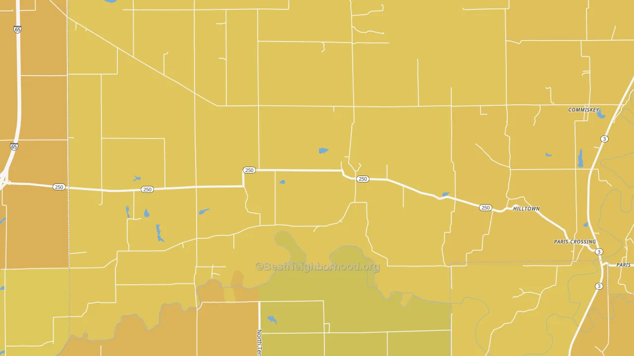 Map of the best neighborhoods in the 47270 area, with better matches in green and worse matches in red