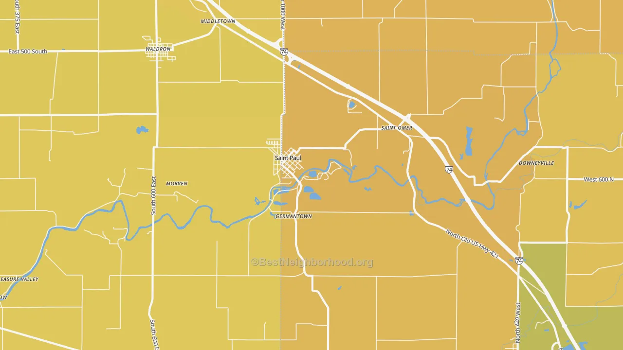 Map of the best neighborhoods in the 47272 area, with better matches in green and worse matches in red