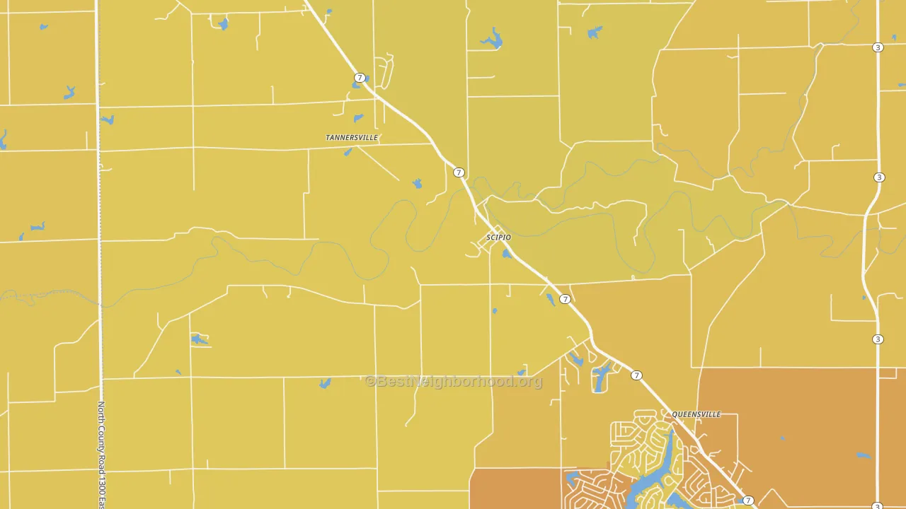Map of the best neighborhoods in the 47273 area, with better matches in green and worse matches in red
