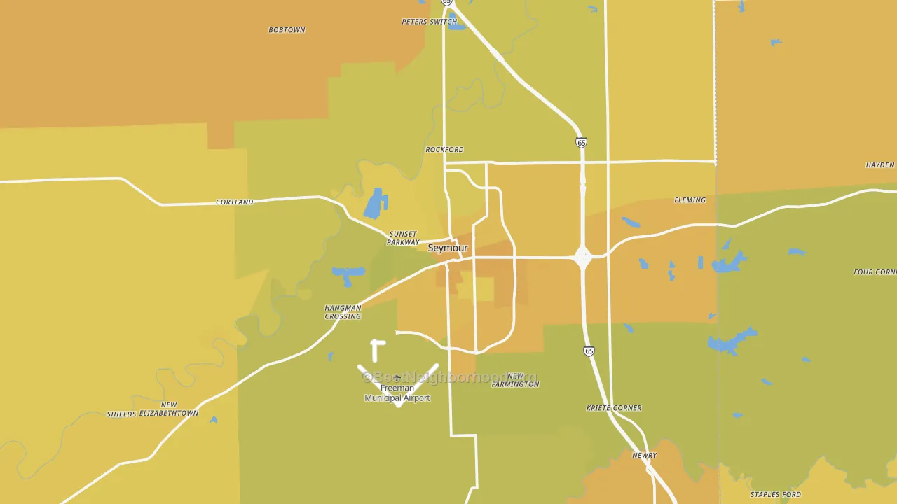 Map of the best neighborhoods in the 47274 area, with better matches in green and worse matches in red