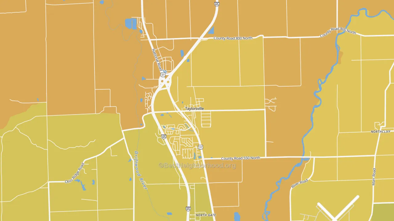 Map of the best neighborhoods in the 47280 area, with better matches in green and worse matches in red