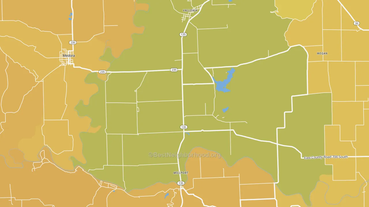 Map of the best neighborhoods in the 47281 area, with better matches in green and worse matches in red