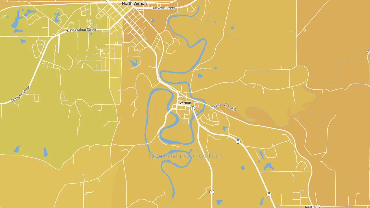Map of the best neighborhoods in the 47282 area, with better matches in green and worse matches in red