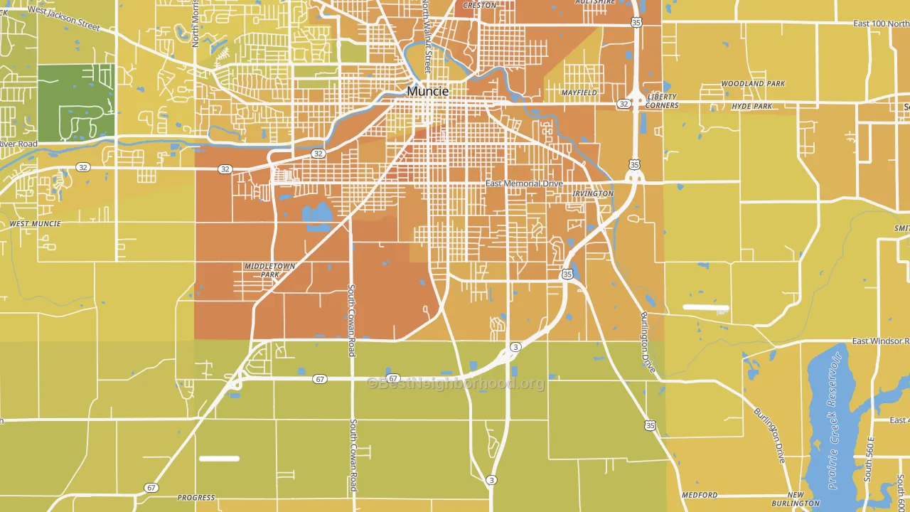 Map of the best neighborhoods in the 47302 area, with better matches in green and worse matches in red