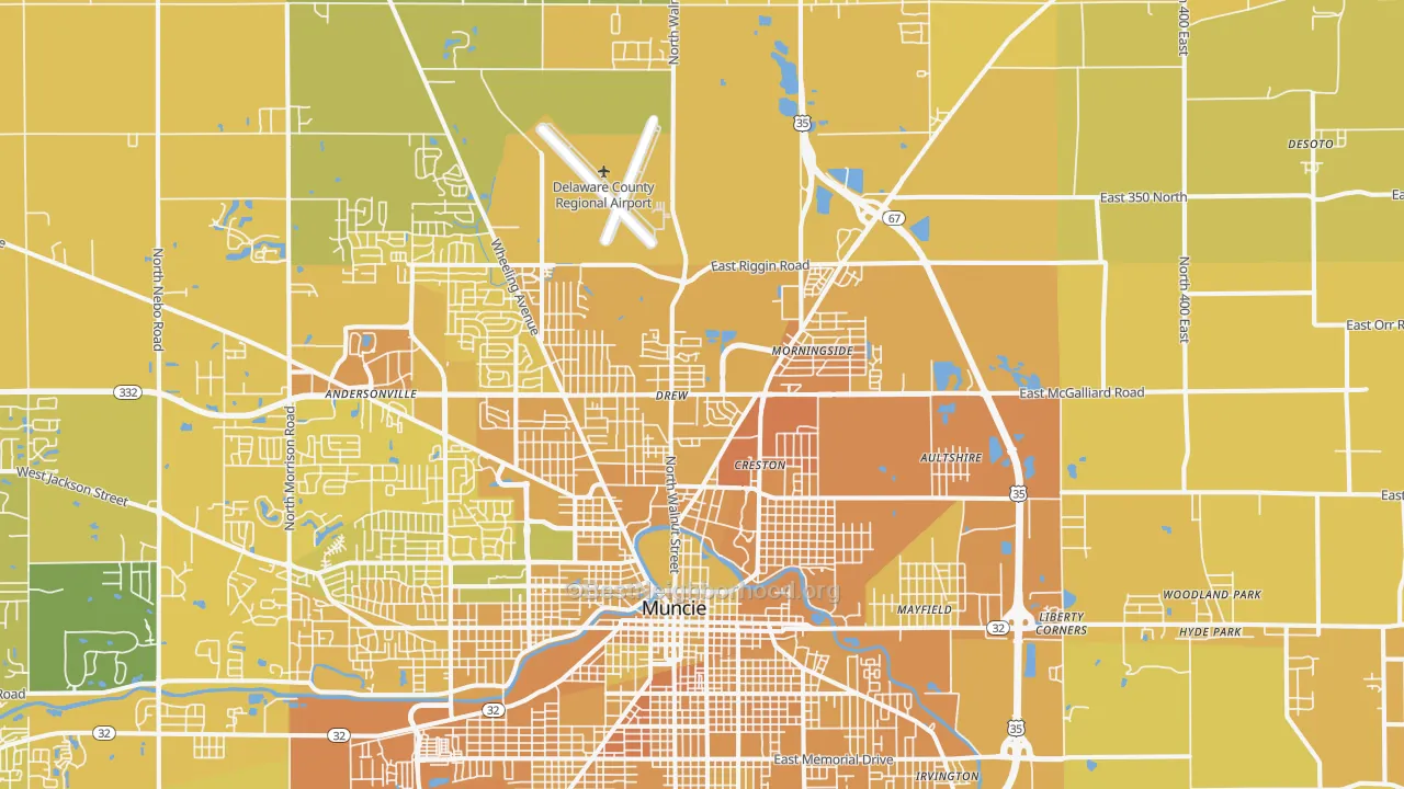 Map of the best neighborhoods in the 47303 area, with better matches in green and worse matches in red