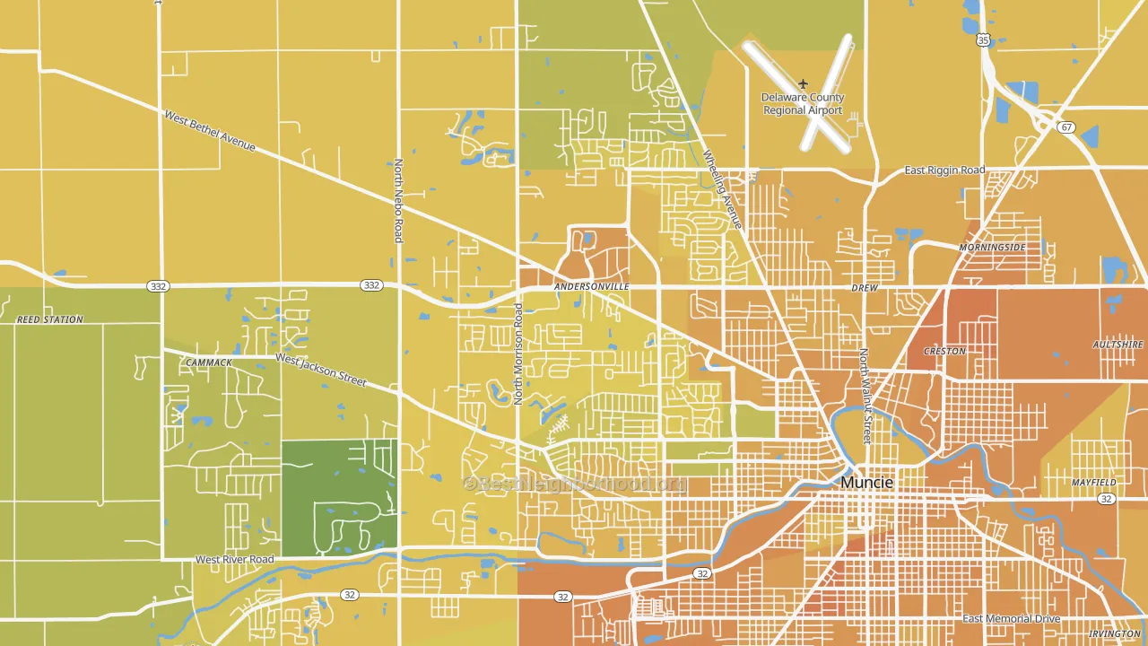 Map of the best neighborhoods in the 47304 area, with better matches in green and worse matches in red