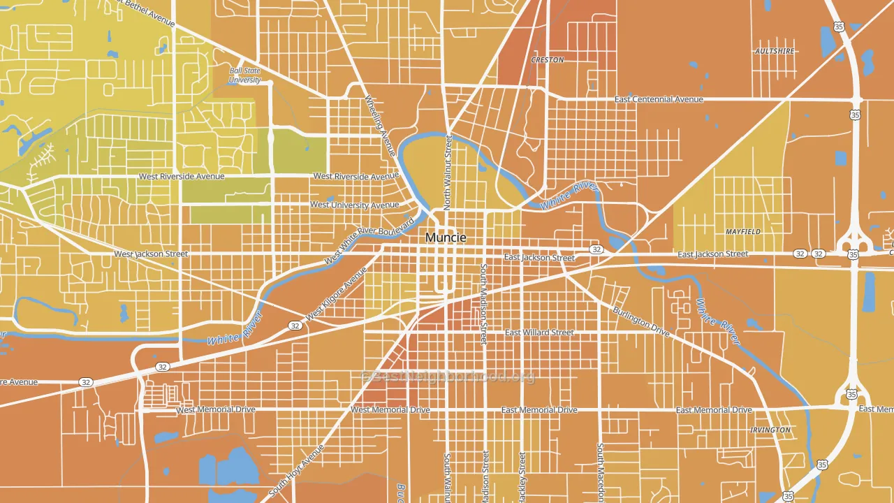 Map of the best neighborhoods in the 47305 area, with better matches in green and worse matches in red