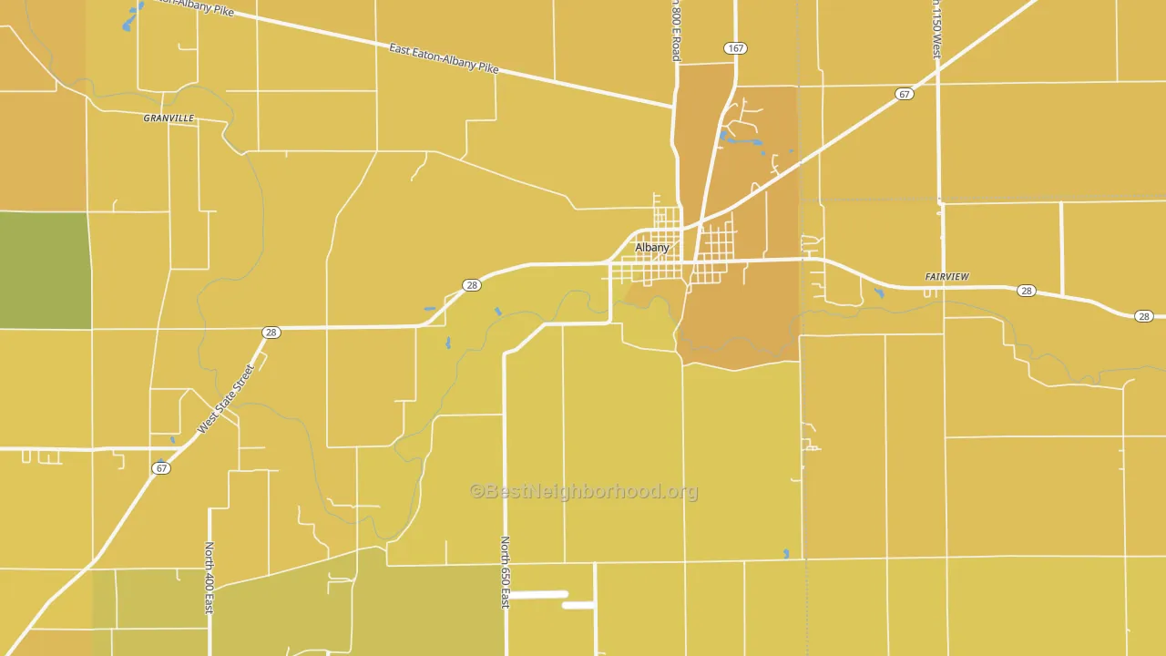 Map of the best neighborhoods in the 47320 area, with better matches in green and worse matches in red