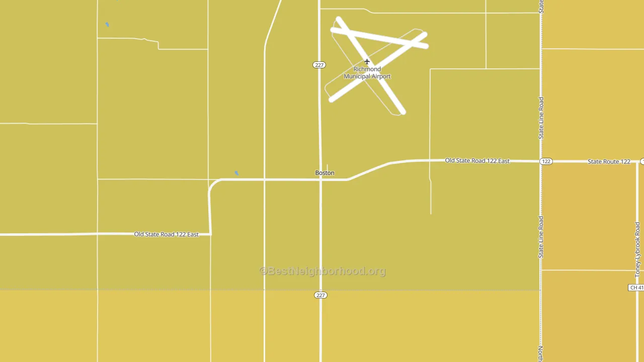 Map of the best neighborhoods in the 47324 area, with better matches in green and worse matches in red