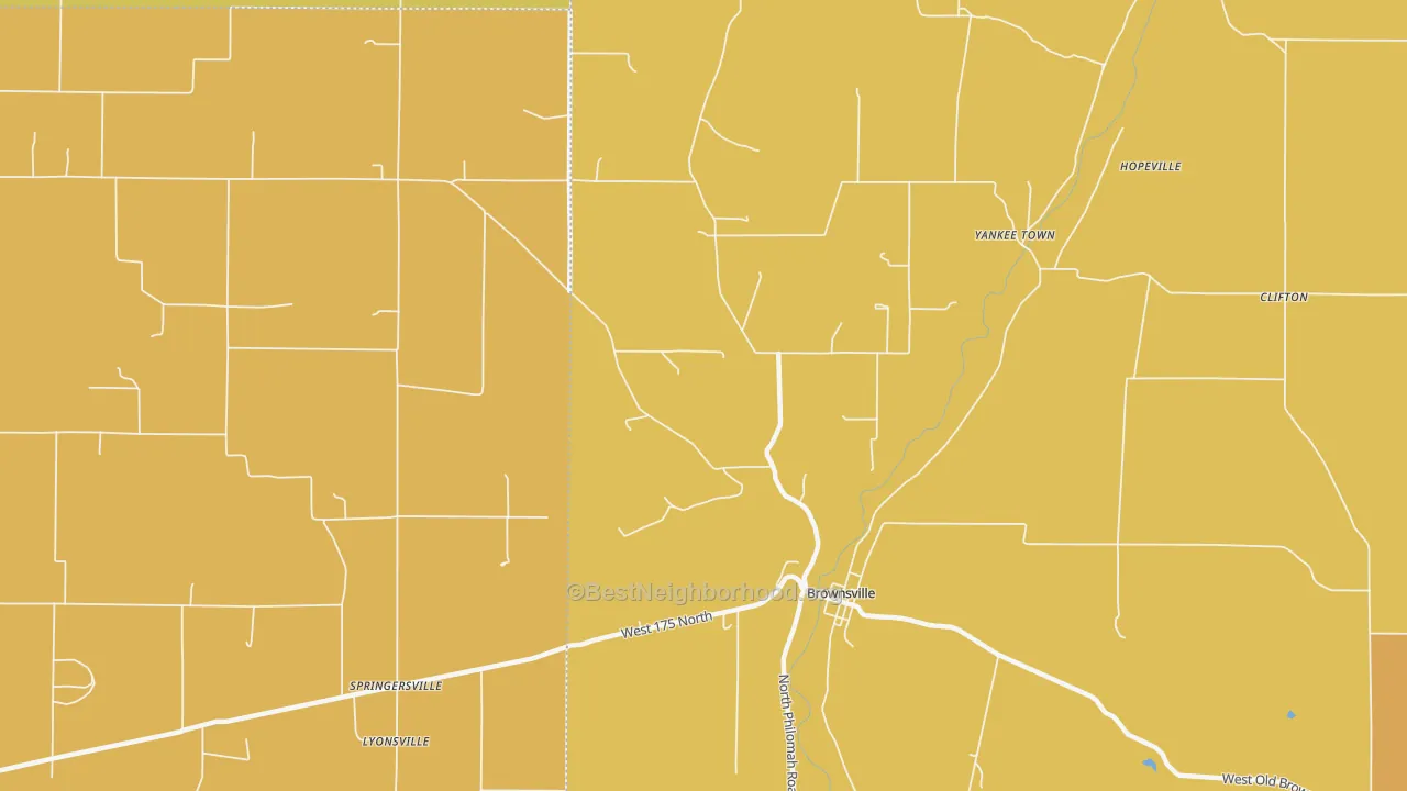 Map of the best neighborhoods in the 47325 area, with better matches in green and worse matches in red