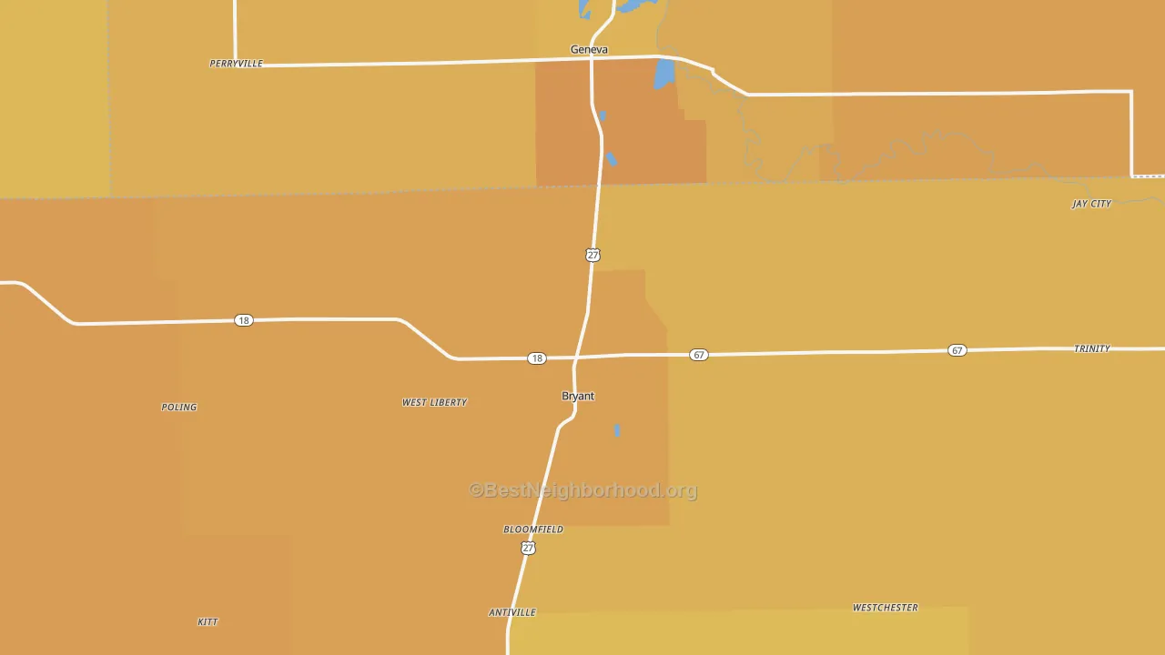 Map of the best neighborhoods in the 47326 area, with better matches in green and worse matches in red