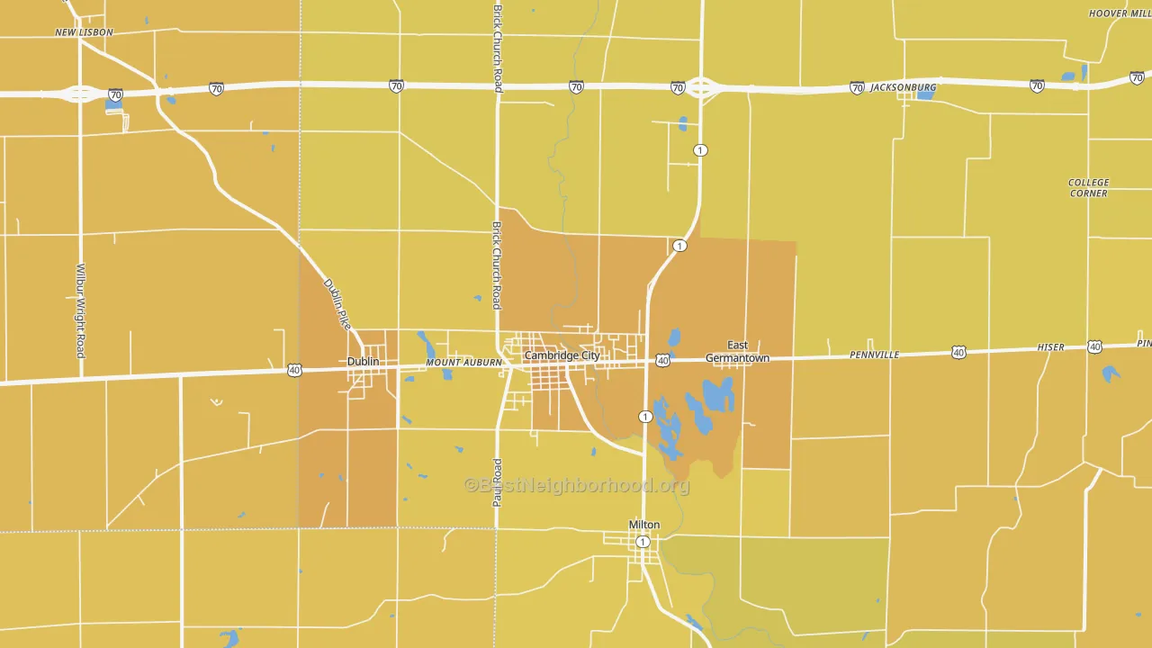 Map of the best neighborhoods in the 47327 area, with better matches in green and worse matches in red