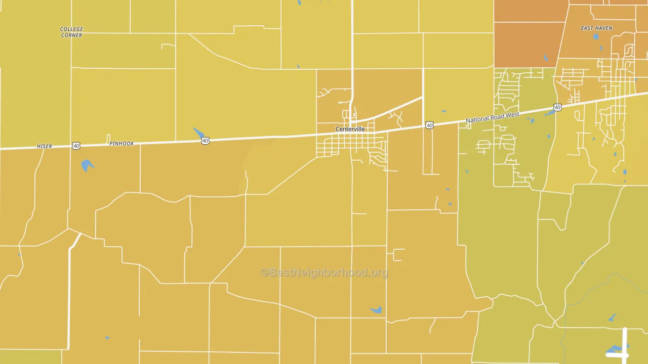 Map of the best neighborhoods in the 47330 area, with better matches in green and worse matches in red