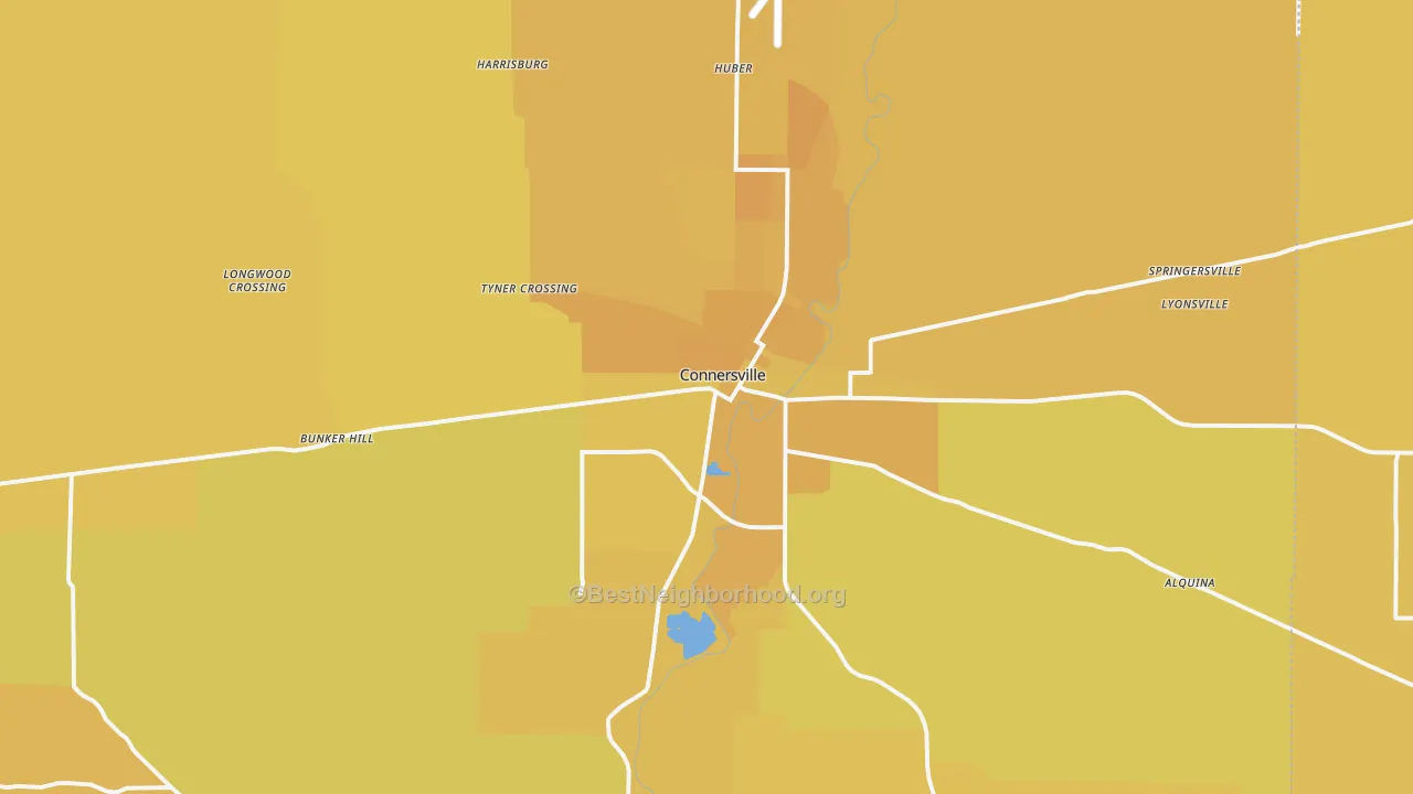 Map of the best neighborhoods in the 47331 area, with better matches in green and worse matches in red