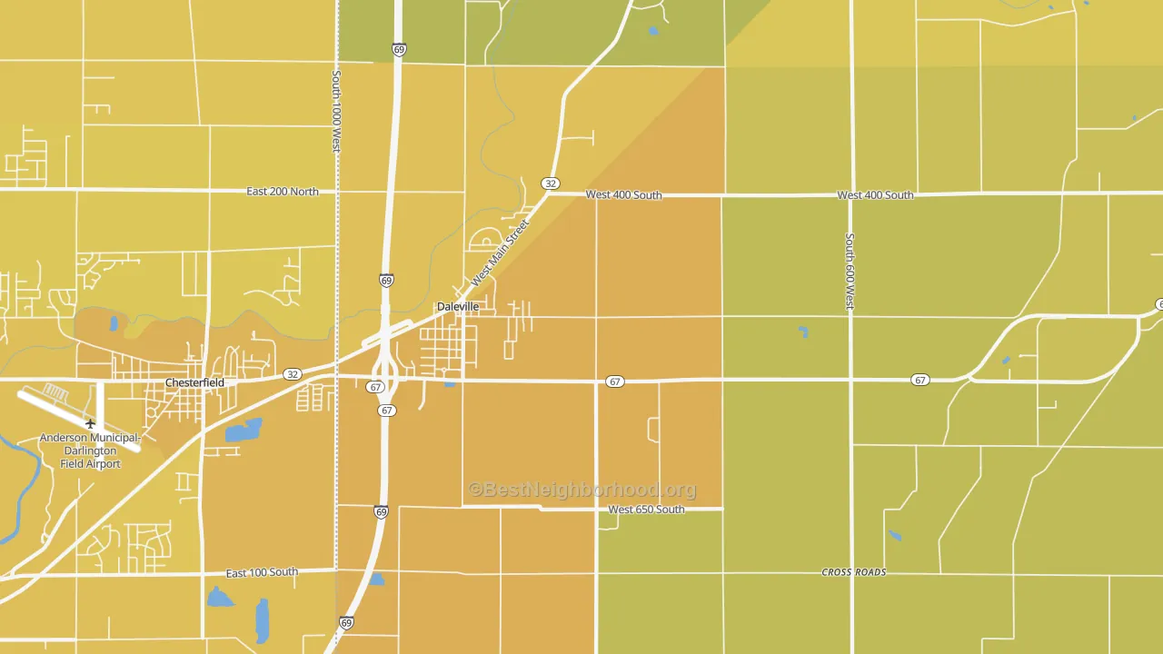 Map of the best neighborhoods in the 47334 area, with better matches in green and worse matches in red