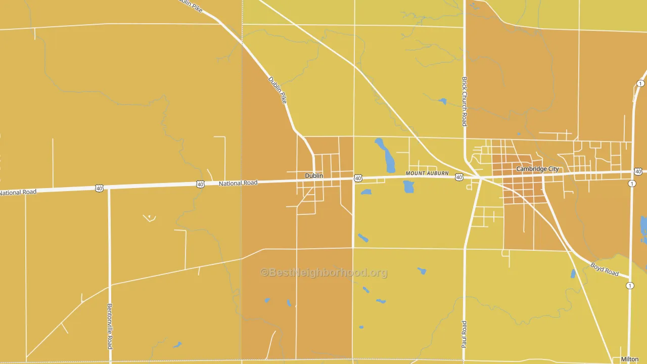 Map of the best neighborhoods in the 47335 area, with better matches in green and worse matches in red