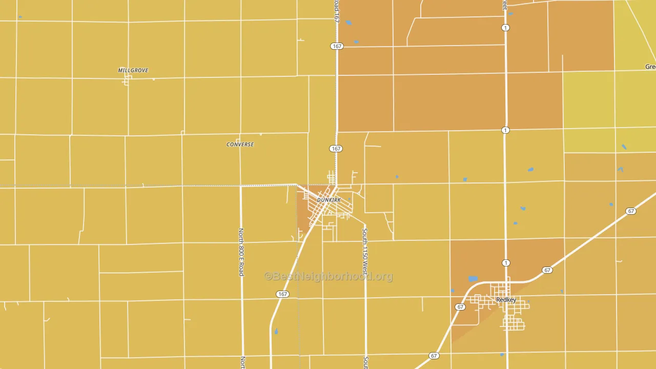 Map of the best neighborhoods in the 47336 area, with better matches in green and worse matches in red