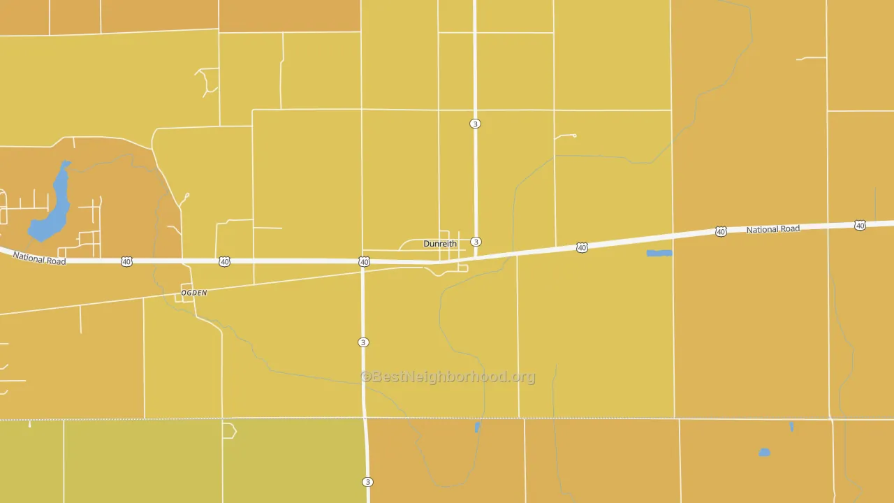 Map of the best neighborhoods in the 47337 area, with better matches in green and worse matches in red