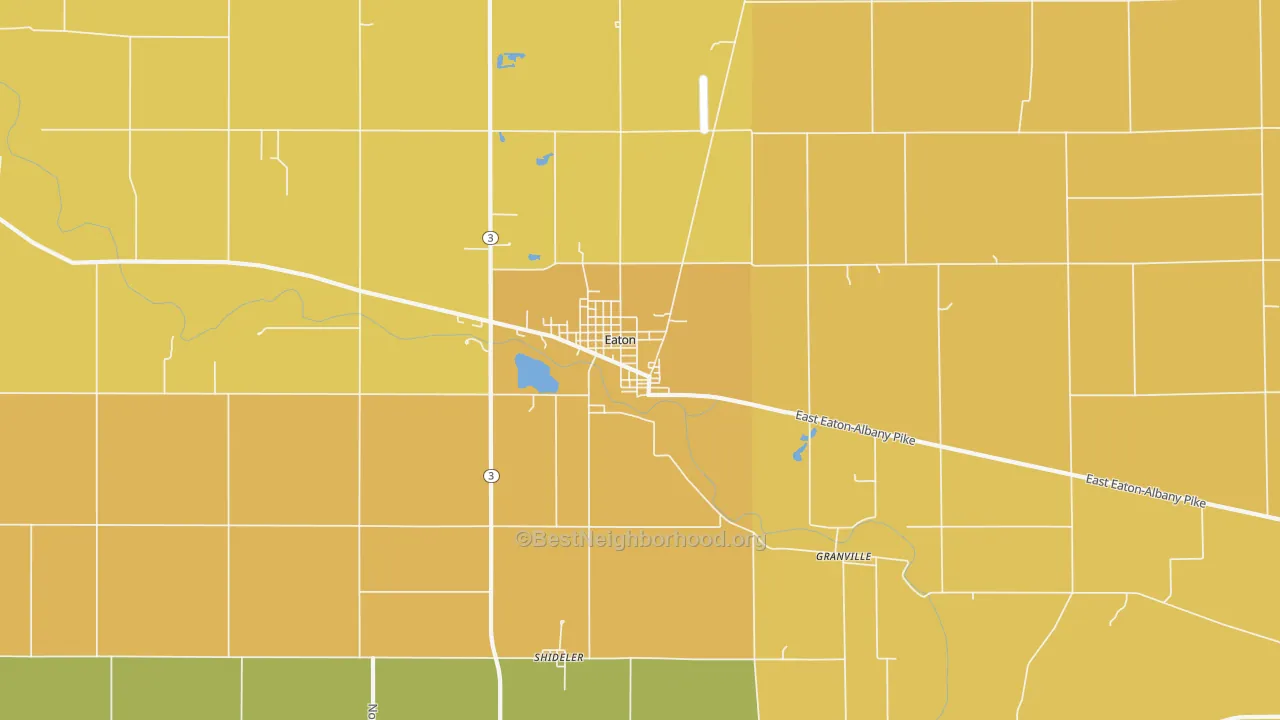 Map of the best neighborhoods in the 47338 area, with better matches in green and worse matches in red