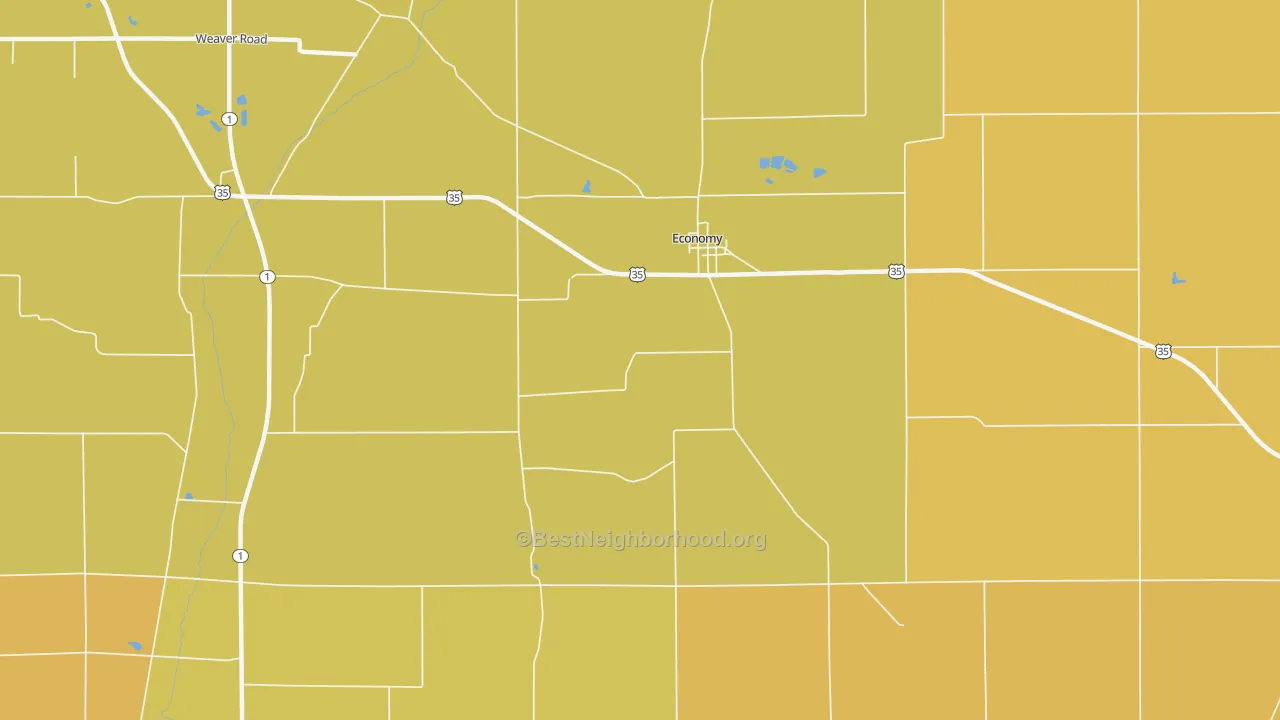 Map of the best neighborhoods in the 47339 area, with better matches in green and worse matches in red