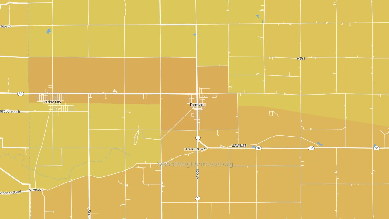 Map of the best neighborhoods in the 47340 area, with better matches in green and worse matches in red