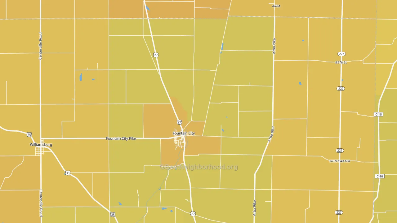 Map of the best neighborhoods in the 47341 area, with better matches in green and worse matches in red